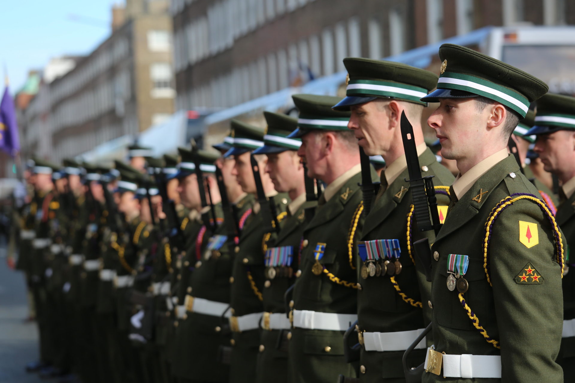 FTCHMA Dublin, Ireland. 27th March, 2016. Members of the Irish defence forces lined up at Saint Stephens Green in Dublin, Ireland at the start of the Easter parade held in honour of the 1916 Rising Credit: reallifephotos/Alamy Live News