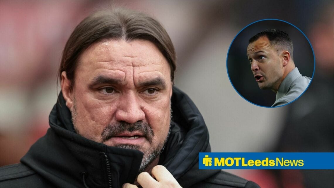 Leeds boss Daniel Farke in a warm jacket ooking at an inset of Birmingham City manager Chris Davies who is managing a pre-season friendly.