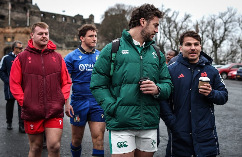 Ireland captain Caelan Doris chats with France captain Antoine Dupont at the Six Nations launch in Edinburgh last week. Photograph: Dan Sheridan/Inpho