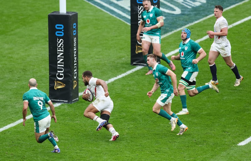 Ollie Lawrence scores a try for England. Photograph: Inpho