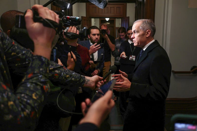 Canadian prime minister Mark Carney speaks to the media about the mass shooting in Tumbler Ridge, British Columbia, in which 10 people were killed, including the suspect. Photograph: Dave Chan/AFP via Getty Images