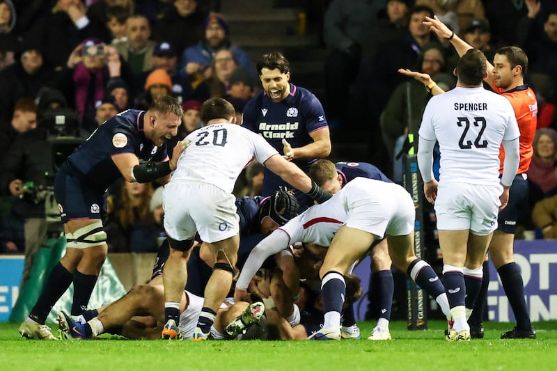 Scotland's Matt Fagerson and Adam Hastings celebrate against England. Photograph: Ross Parker/SNS Group via Getty