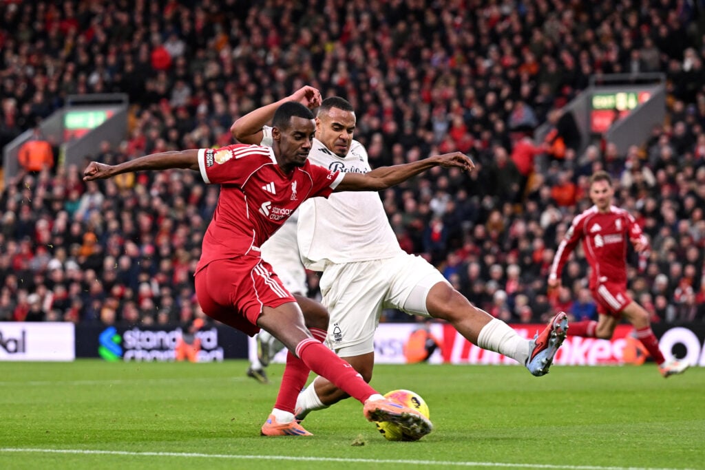 Alexander Isak shoots on goal during Liverpool's Premier League match against Nottingham Forest at Anfield.