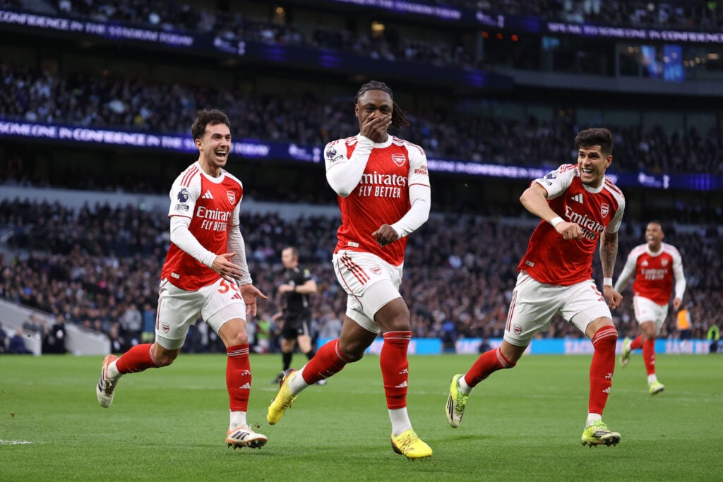Eberechi Eze celebrates after scoring for Arsenal against Tottenham in the North London Derby