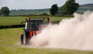 Farmer spreading chicken manure mixed with lime on newly harvested meadow