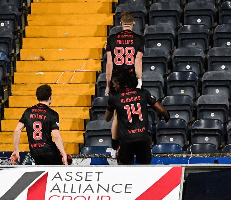 St. Mirren's Killian Phillips celebrates after scoring to make it 2-2 with Kilmarnock. (Photo by Rob Casey/SNS Group via Getty Images)