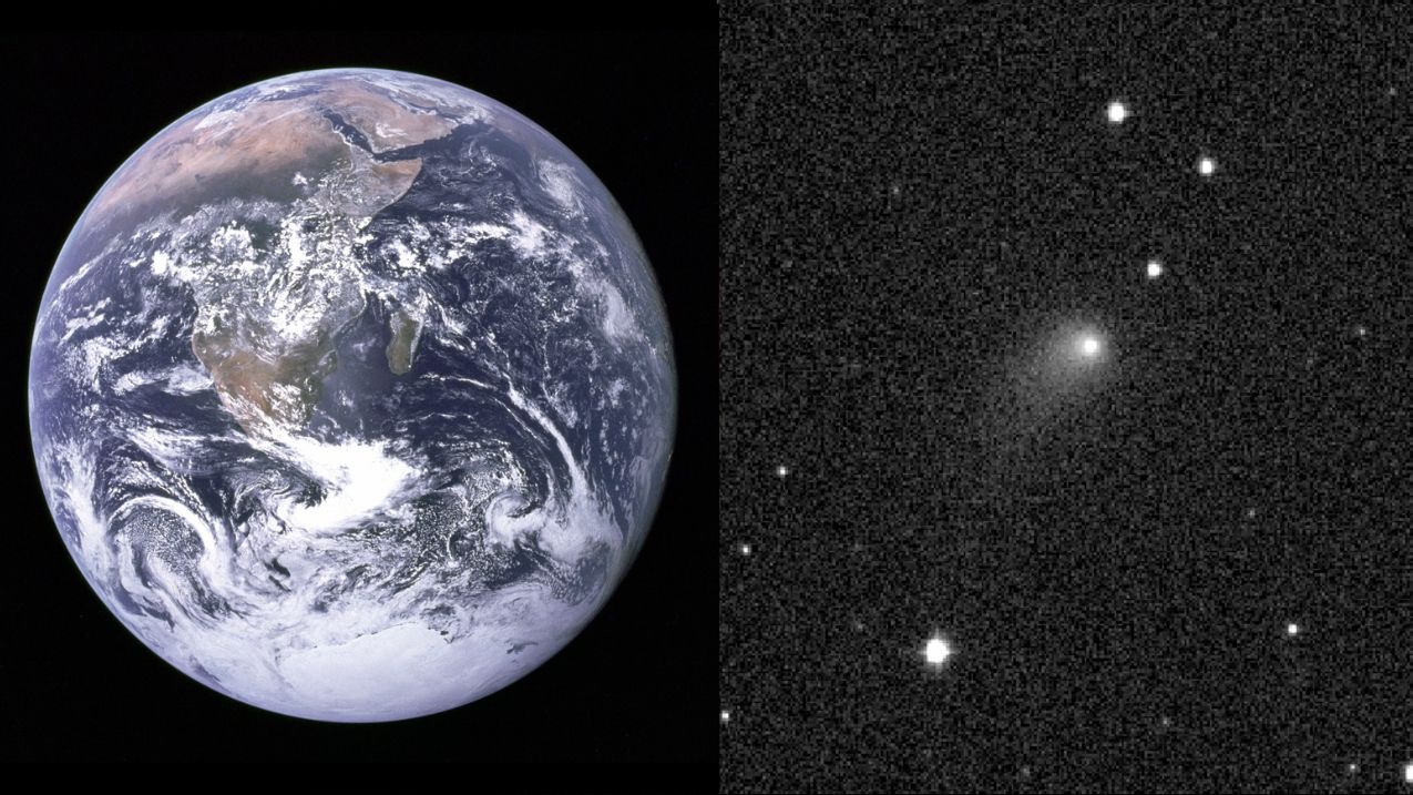 A two panel image showing a picture of the Earth from space on the left and the haxy light of a comet moving through a distant starfield on the right.