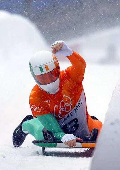 Clifton Wrottesley of Ireland celebrates finishing fourth in the men's skeleton during the Salt Lake City Winter Olympic Games at the Utah Olympic Park in Park City, Utah. Photograph: Mike Hewitt/Getty Images