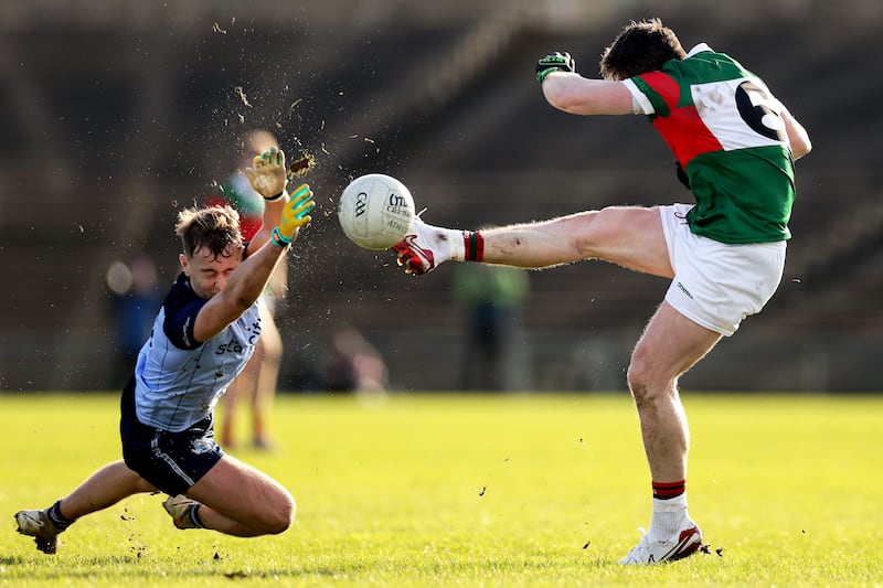Mayo's Paddy Durcan is blocked by Dublin's Jack Lundy. Photograph: Laszlo Geczo/Inpho