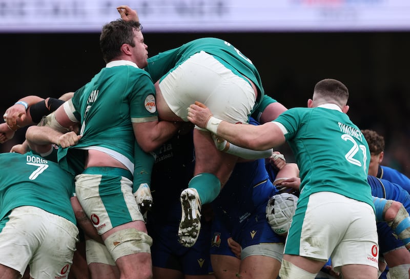Ireland's Tadhg Furlong is lifted in a scrum. Photograph: Billy Stickland/Inpho