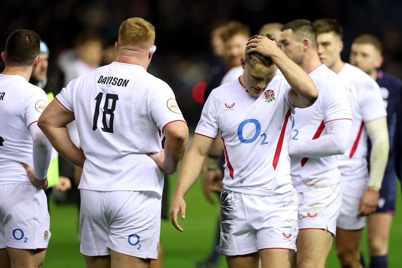 England's Fin Smith dejected following defeat to Scotland at Murrayfield in their Six Nations match on February 14th. Photo by Stu Forster/Getty Images)