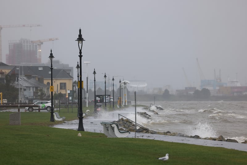 Sandymount Strand in Dublin where barriers were erected and sandbags located to combat the high tides on Tuesday and guard against flooding in the area. Photograph: Bryan O’Brien