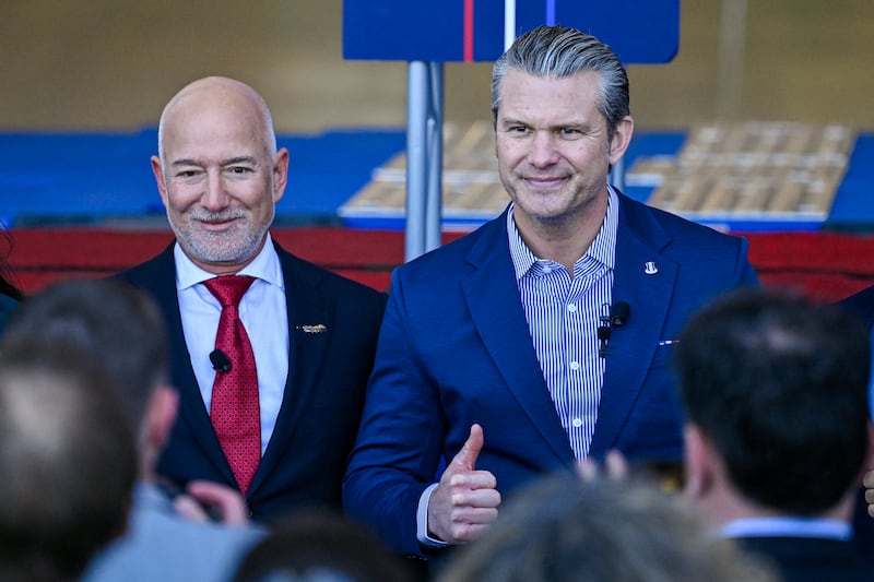 Jeff Bezos (left) with US defence secretary Pete Hegseth in Florida on Monday. Photograph: Miguel J Rodriguez Carrillo/AFP via Getty