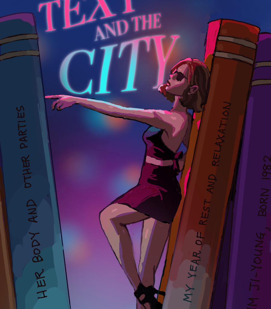 A woman leans against a book with text reading "TEXT AND THE CITY" in the background.
