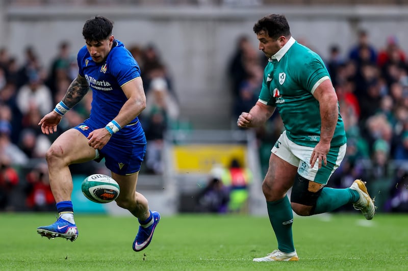 Italy's Tommaso Menoncello and Ireland's Thomas Clarkson. Photograph: Ben Brady/Inpho