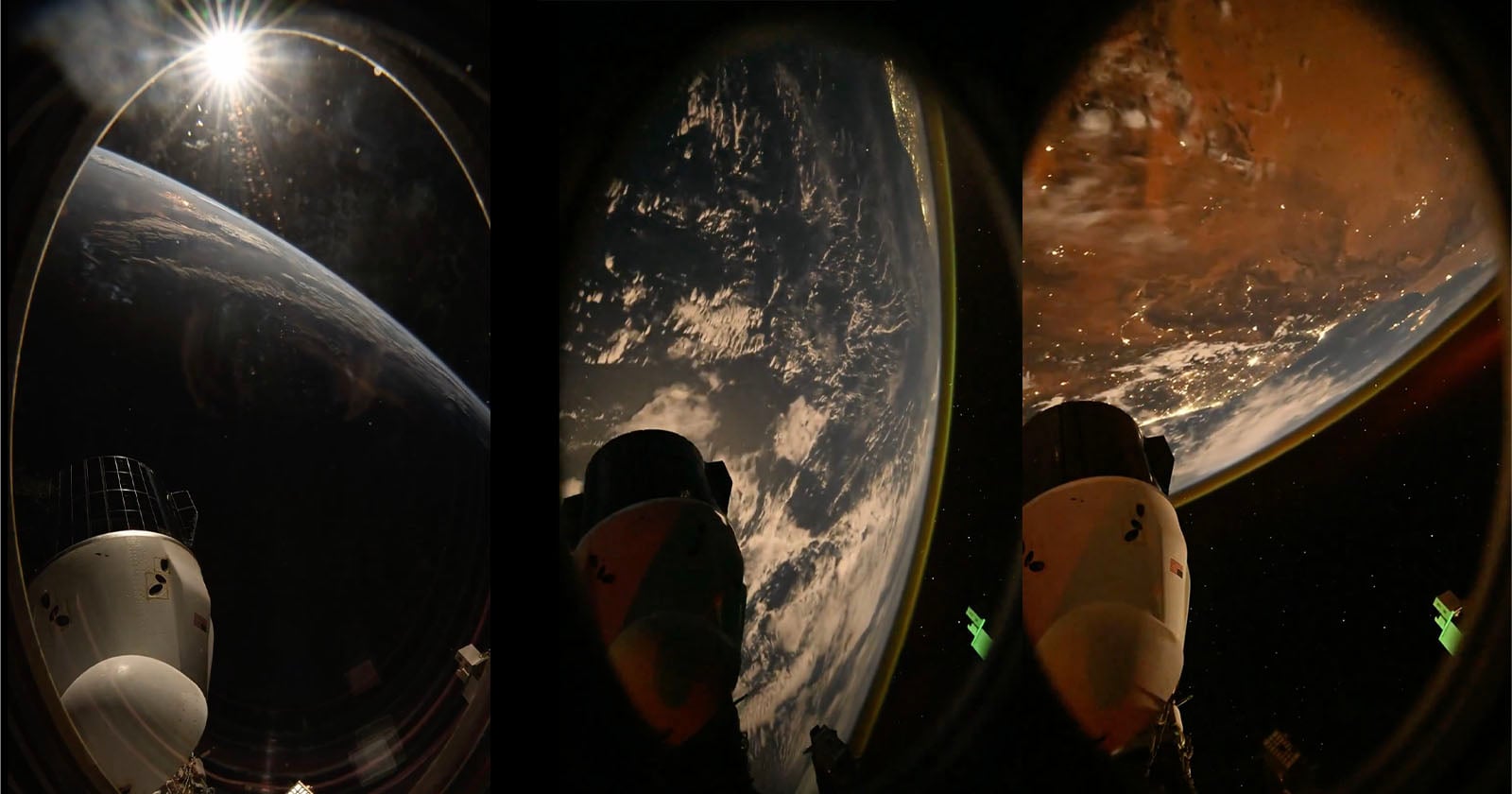 Three side-by-side fisheye photos from space show a spacecraft with Earth’s curved horizon; one shows sunlight, one with clouds over ocean, and one with a reddish landmass, all from the perspective of the spacecraft.