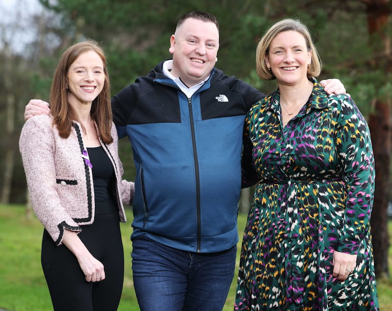 Prof Gráinne O’Kane, consultant medical oncologist at St Vincent’s, Dublin pictured with Anthony Gorman and Orla Dolan, chief executive of Breakthrough Cancer Research. Gorman was diagnosed with Stage 4 pancreatic cancer in September 2022. Photograph: Leon Farrell