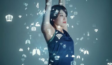 Woman raising her arms with digital health and wearable sensor icons overlaid, illustrating smart textiles and motion tracking technology.