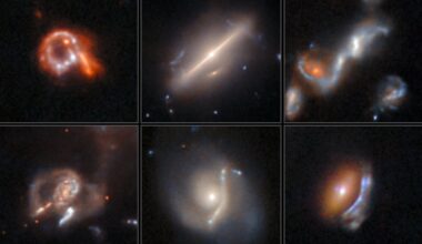 Six panels showing different objects in space. They all look like hazy blobs of light with different shapes.