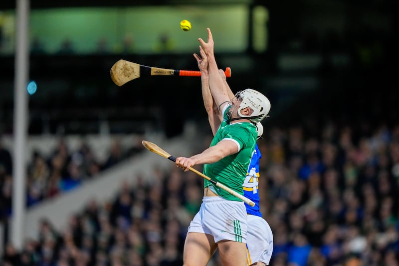 Limerick's Aaron Gillane vies for a high ball against Tipperary's Craig Morgan. Photograph: James Lawlor/Inpho