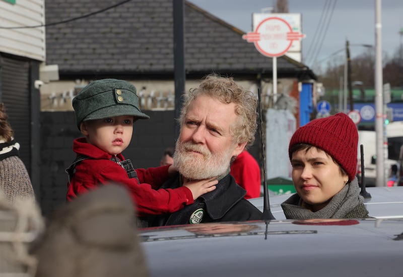 Glen Hansard with his son Christy and partner Marie at the unveiling of a commemorative plaque marking the home of Brendan Behan. Photograph: Alan Betson