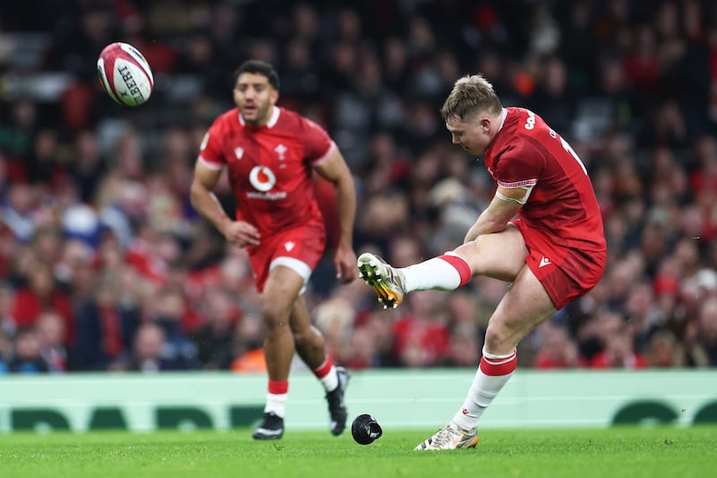 Sam Costelow of Wales successfully kicks a penalty conversion during the match against Scotland. Photograph: Dan Istitene/Getty