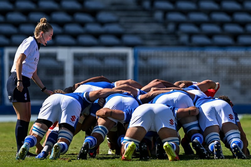 Scottish referee Hollie Davidson in action during a friendly between Portugal and Italy at Restelo Stadium in Lisbon. Photograph: Getty Images