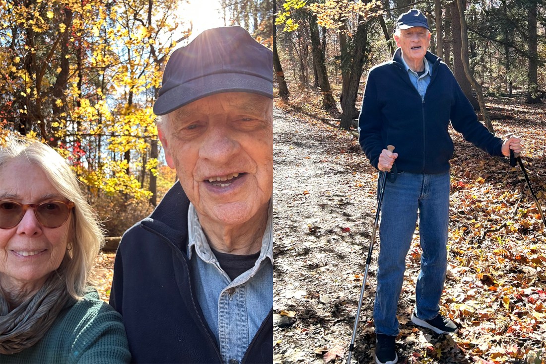 Two photos, one a closeup of John Stainton and his partner Charleen Regan on a sunny autumn day. The other image shows John standing with supports from two canes on that same sunny autumn day.