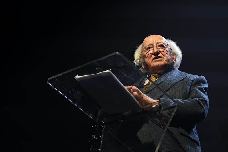 Michael D Higgins speaking at the Hot Press 50th Anniversay gig in the 3Arena. Photograph: Bryan Meade 