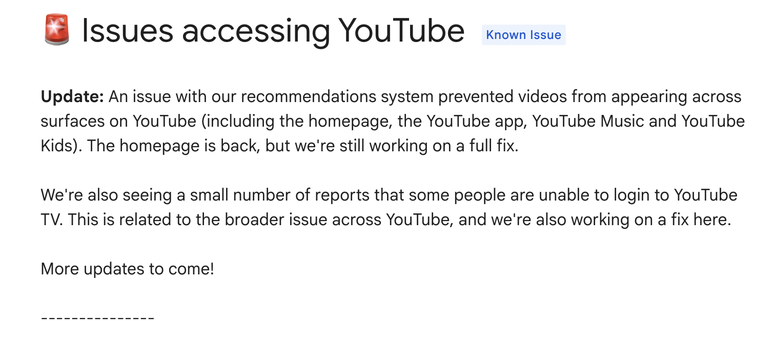 Google support account commenting on YouTube outage on 2/27/26