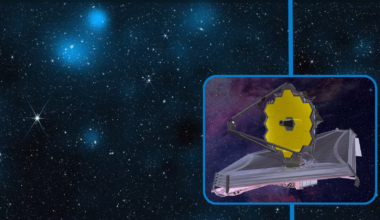 (Main) The JWST's view of 800,000 galaxies with dark matter indicated in blue (Inset) The JWST in orbit around Earth