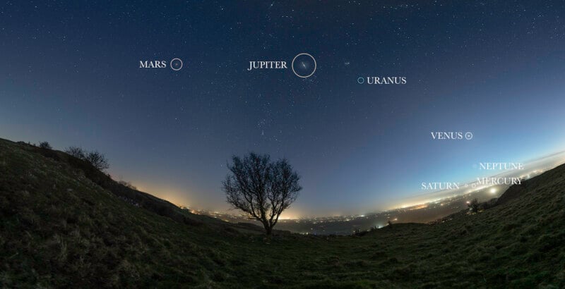 Panoramic night sky with labeled planets: Mars, Jupiter, Uranus, Venus, Neptune, Saturn, and Mercury. A silhouette of a tree is in the foreground, with city lights visible near the horizon.