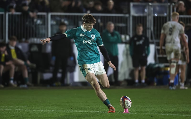 Ireland's Tom Wood kicks a conversion. Photograph: Dan Sheridan/Inpho