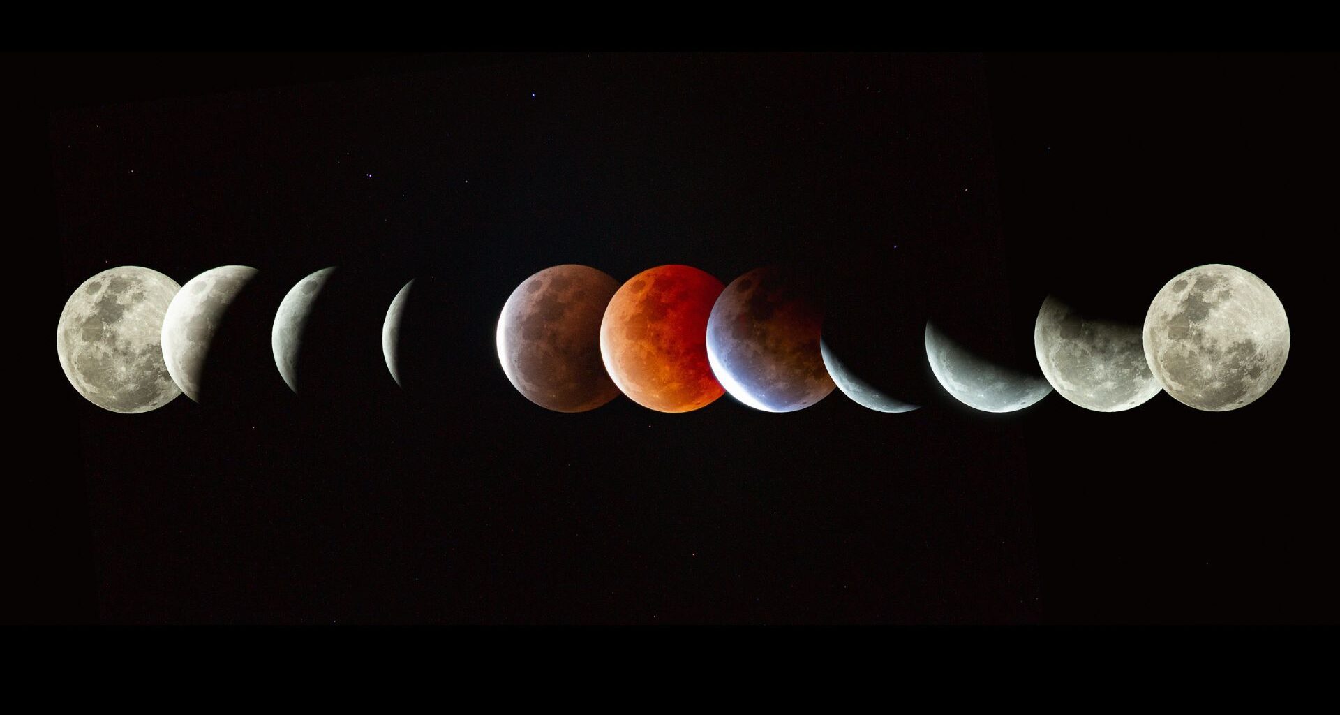 A series of gray circles of the moon imposed upon each other with a red circle in the middle showing a total lunar eclipse