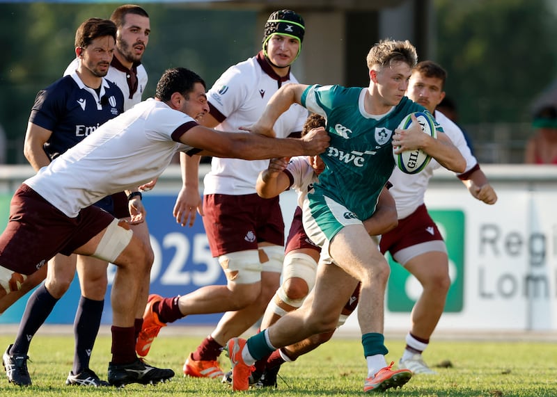 Tom Wood scores a try for Ireland against Georgia in the 2025 Under-20 World Rugby Championships pool game. Photograph: Sebastiano Pessina/Inpho