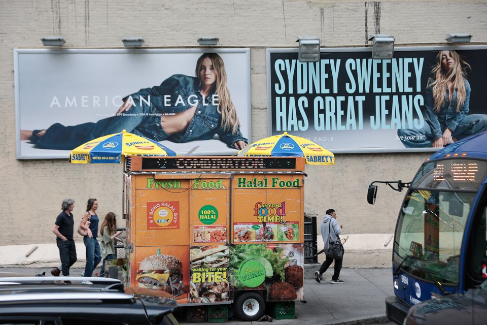 Sydney Sweeney on a billboard for American Eagle jeans that promoted some to say the ad campaign promotes eugenics. Photo: Michael M. Santiago/Getty Images