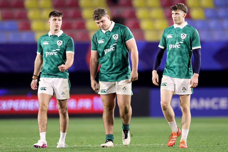 Ireland's Derry Moloney, Sami Bishti and Tom Wood after last Saturday's defeat away to France in the Under-20 Six Nations. Photograph: Laszlo Geczo/Inpho