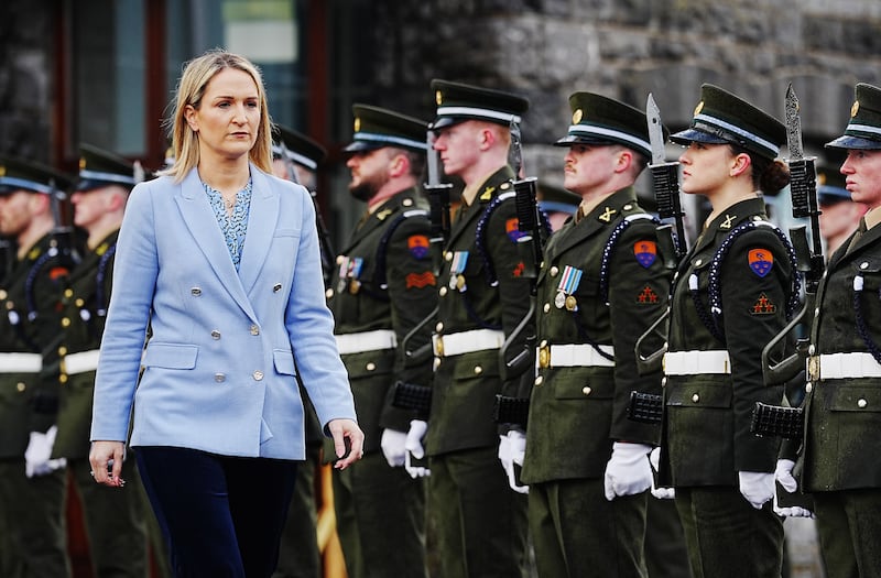 Minister for Defence Helen McEntee inspects a guard of honour at Renmore Barracks, Co Galway, on Thursday. Photograph: Brian Lawless/PA