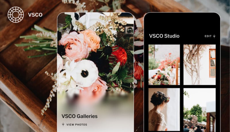 A digital mockup shows the VSCO app interface, featuring floral photography on two smartphone screens—one displays a close-up of assorted flowers, the other shows a photo gallery with various floral and portrait images.