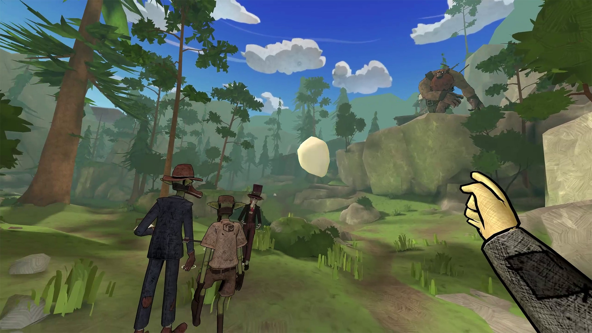 An official screenshot of Deadly Delivery VR outside as a troll throws a bolder at players