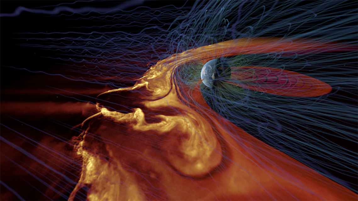 Earth's magnetic field is generated by action within the inner core of our planet. The polarity of the field lines changes during geomagnetic field reversals, and that polarity is entrained in Earth rocks. The solar wind interacts with our magnetosphere, which protects Earth from much of the damage it can cause. Courtesy NASA Goddard Space Flight Center Science Visualization Lab.