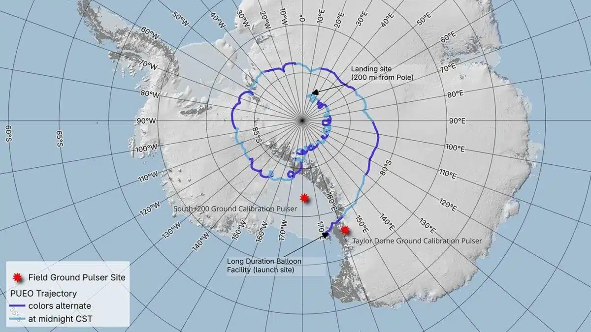Map Showing The Trajectory Of Nasa's Pueo Mission Launched From Antarctica, With Its Landing Site 200 Miles From The South Pole.