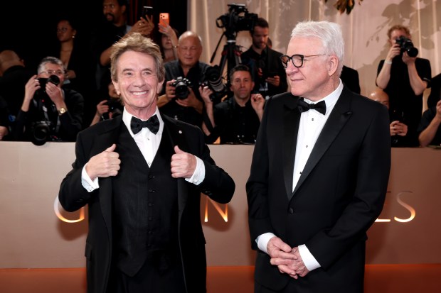 BEVERLY HILLS, CALIFORNIA - JANUARY 11: (FOR EDITORIAL USE ONLY) (L-R) Martin Short and Steve Martin attend the 83rd Annual Golden Globe Awards at The Beverly Hilton on January 11, 2026 in Beverly Hills, California. (Photo by Amy Sussman/Getty Images)