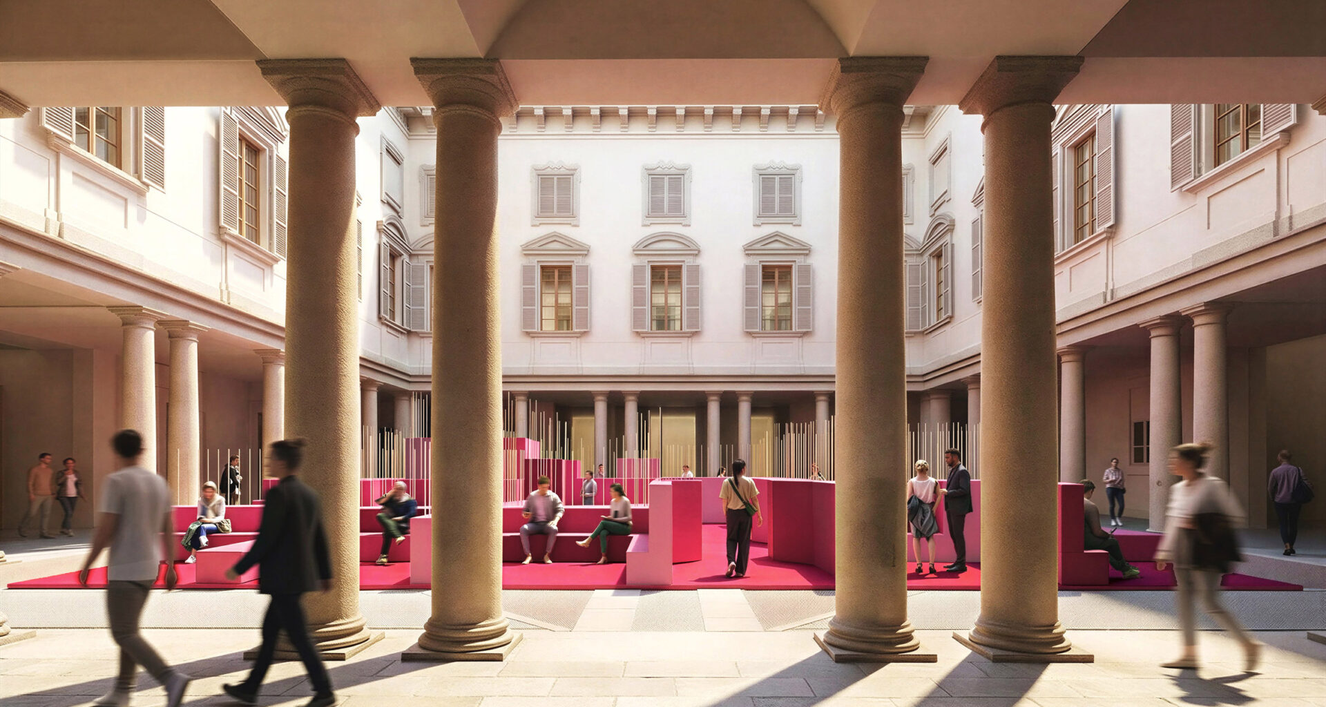 Milan palazzo courtyard with pink labyrinth