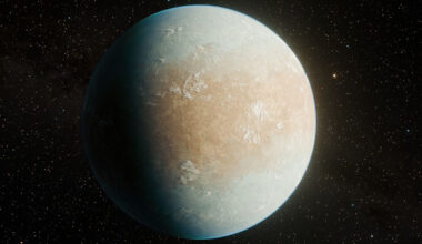 Digital rendering of a spherical exoplanet with blue and tan surface coloring and visible atmospheric or terrain features, illuminated from one side showing dimensional shading, set against a black starry space background