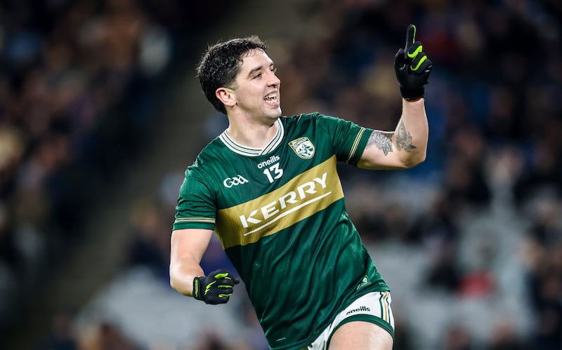 Kerry's Tony Brosnan points up to Hill 16 after scoring a goal against Dublin in their Division 1 clash at Croke Park. Photograph: Nick Elliott/Inpho