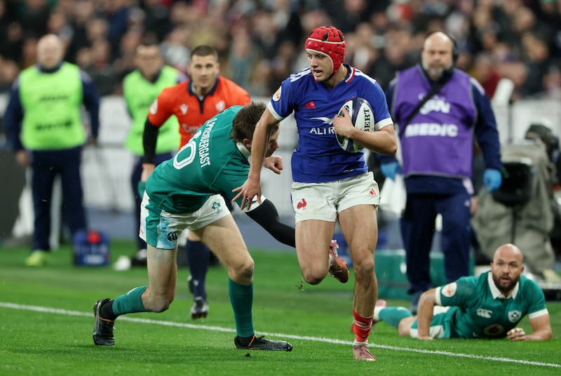 Louis Bielle-Biarrey evades Sam Prendergast on his way to scoring France's first try in Thursday's Six Nations opener at Stade de France, Paris. Photograph: David Rogers/Getty Images