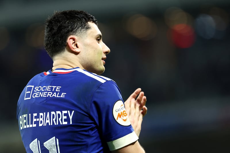 France's Louis Bielle-Biarrey celebrates his side's victory at the end of the Six Nations match against Italy at the Stade Pierre-Mauroy in Villeneuve-d'Ascq on Sunday. Photograph: Sameer al-Doumy/AFP via Getty