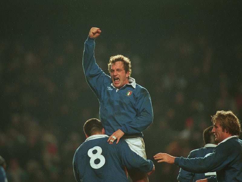 Stefano Bordon celebrates Italy's victory over Ireland in January 1997 in Dublin. Photograph: Patrick Bolger/INPHO
