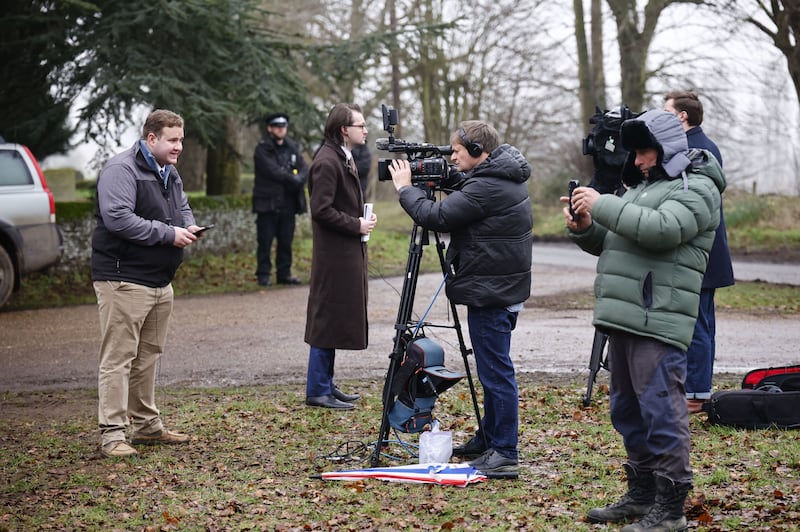 Media outside Wood Farm where Andrew Mountbatten-Windsor was arrested in Sandringham, Norfolk, on Thursday. Photograph: Tolga Akmen/EPA